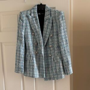 Zara Women's Tweed Blazer - Blue Size Small